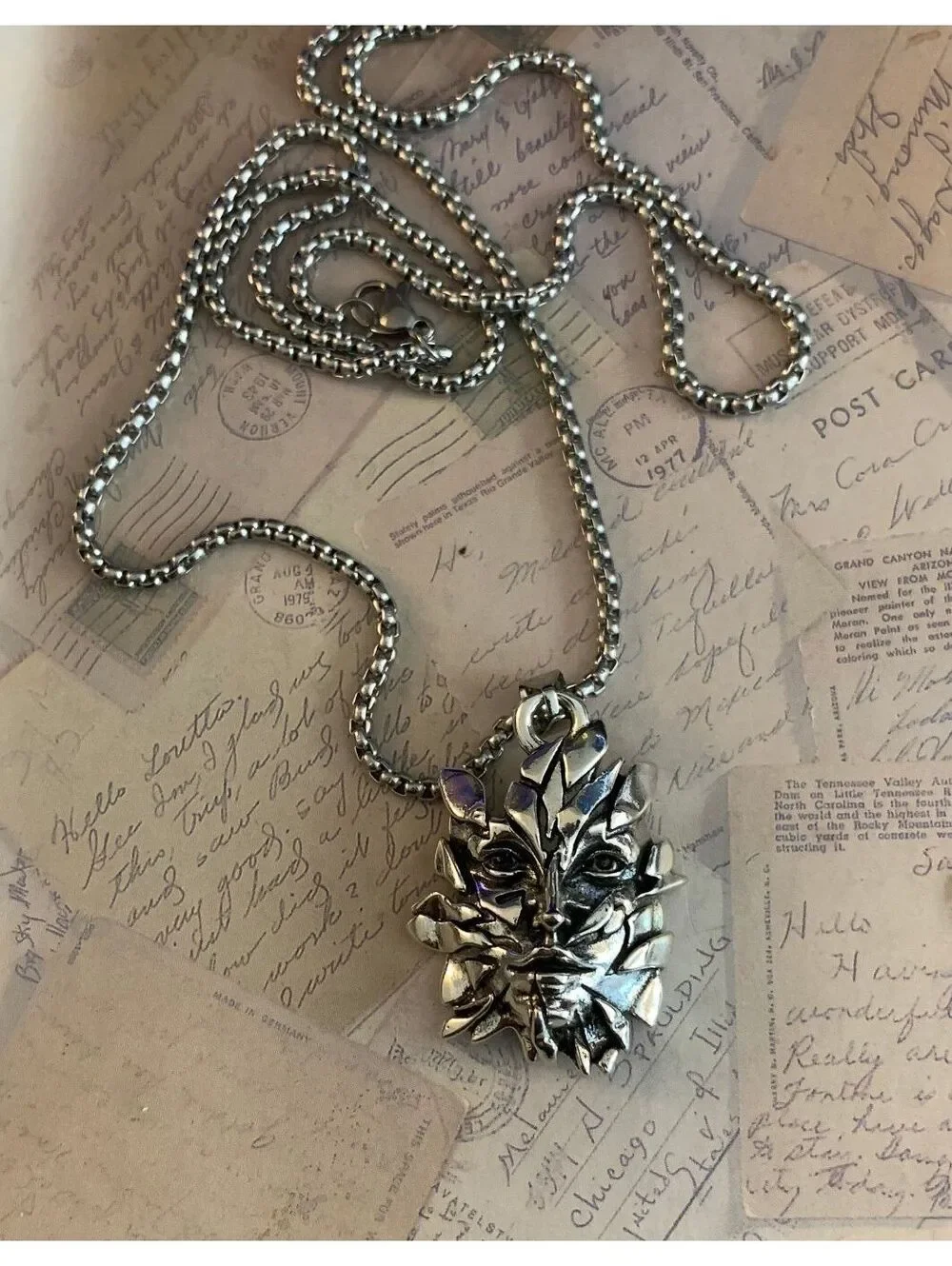 Green Man Pagan Leaf Face Pendant Necklace  Box Chain